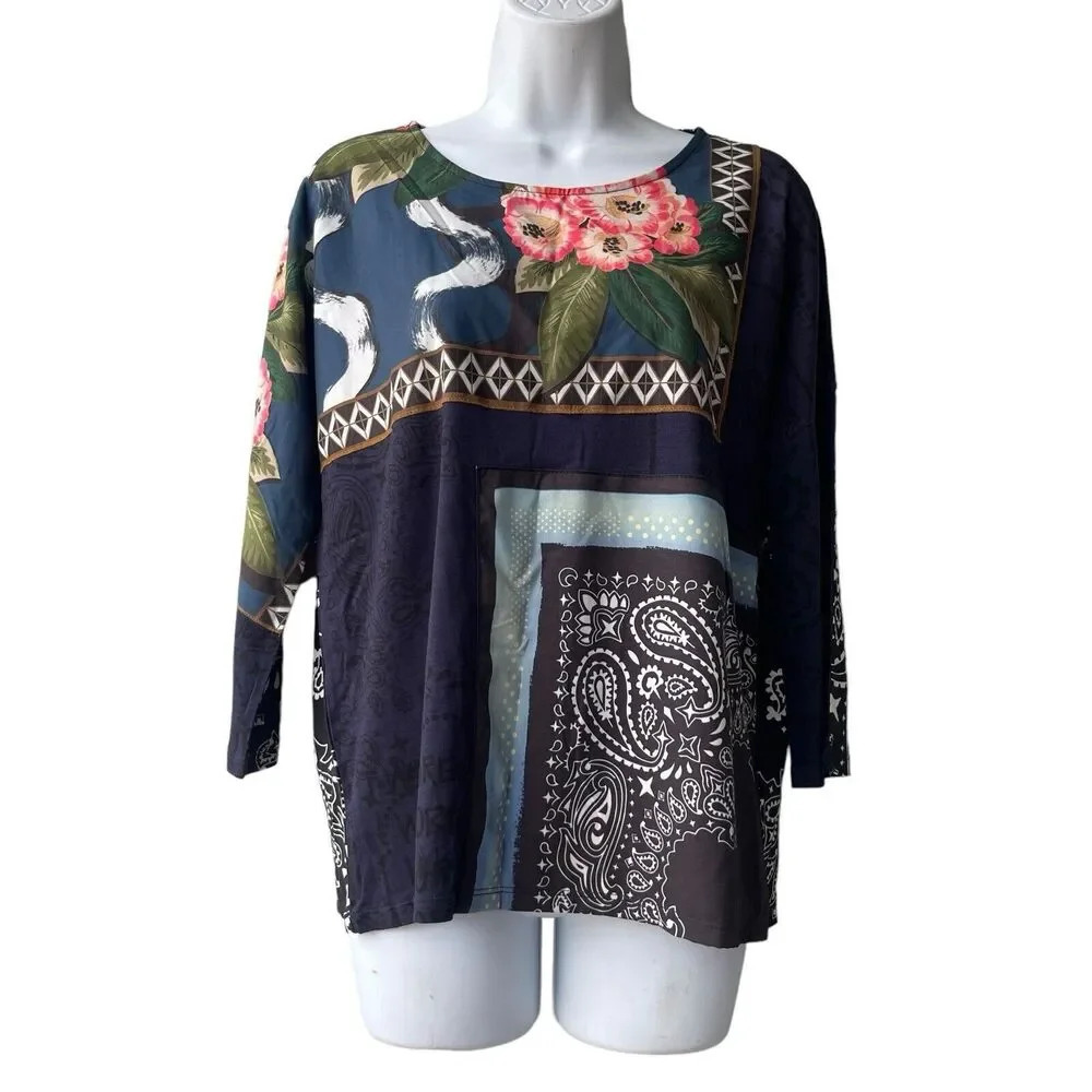 DESIGUAL Audrie T-Shirt Women's Size S Multicolor 3/4 Sleeves Blouse Round-neck